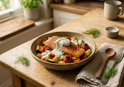 Baked salmon with roasted vegetables and herbed yogurt sauce