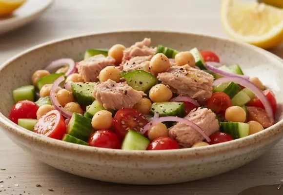 High protein meal bowl with tuna, chickpeas, cherry tomatoes, cucumber and red onion in a rustic ceramic dish