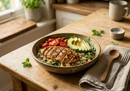 Grilled chicken quinoa power bowl with avocado and roasted tomatoes