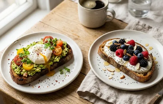 healthy avocado toast with poached egg and yogurt toast with berries for weight loss breakfast