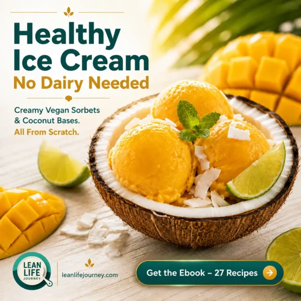 Healthy ice cream with no dairy, mango coconut sorbet in a coconut shell Healthy ice cream with no dairy, mango coconut sorbet in a coconut shell