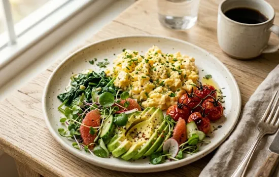 savory egg breakfast with scrambled eggs spinach and avocado for weight loss