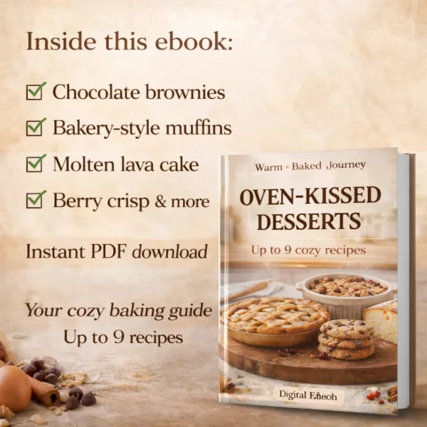 Warm baked dessert recipes with chocolate chip cookies, brownies and berry crisp beside a fireplace