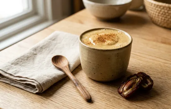 Thick creamy banana peanut butter smoothie in a rustic ceramic cup on warm wood table