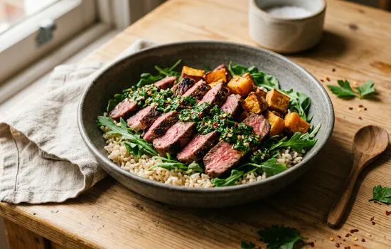 Seared beef sirloin bowl with roasted sweet potato, rocket, and chimichurri on warm wood table