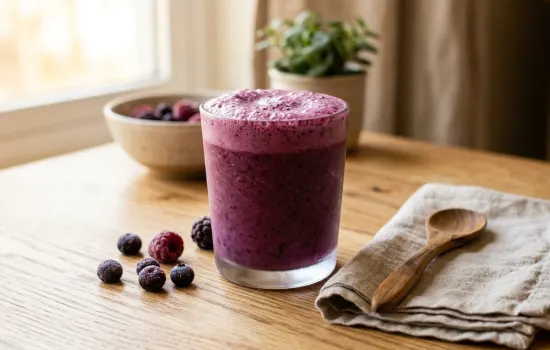 Thick berry protein smoothie in a glass with deep purple colour and frothy top