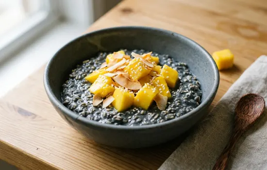 Black sesame overnight oats topped with fresh mango chunks and toasted coconut in a ceramic bowl
