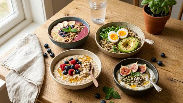 A warm table spread of healthy breakfast bowls with fresh toppings and morning light