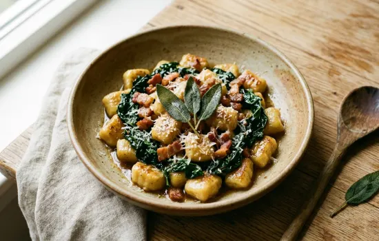 Brown butter sage gnocchi with crispy pancetta and wilted cavolo nero in a rustic bowl