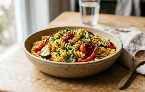 Chickpea pasta with roasted cherry tomatoes zucchini and red pepper in lemon herb dressing
