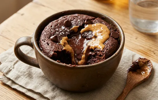 Dark chocolate protein lava mug cake with melting peanut butter on top in a rustic mug