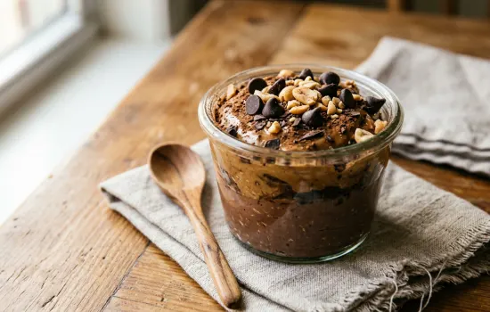 Chocolate peanut butter power stack layered in glass with dark chocolate chips and crushed peanuts