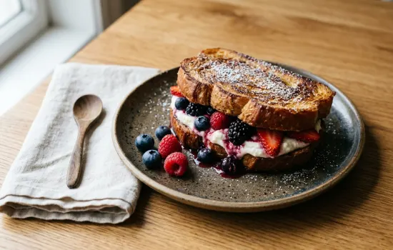 Cinnamon French toast sandwich with whipped ricotta and fresh mixed berries on warm wood table