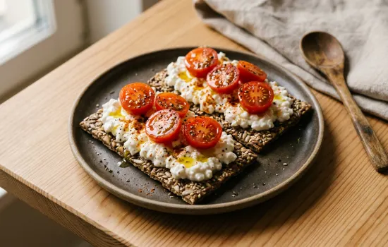 Seed crispbreads topped with cottage cheese, cherry tomatoes, and smoked paprika on a warm wood table