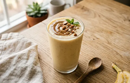 Creamy vanilla almond protein smoothie in a thick glass with almond butter swirl on top
