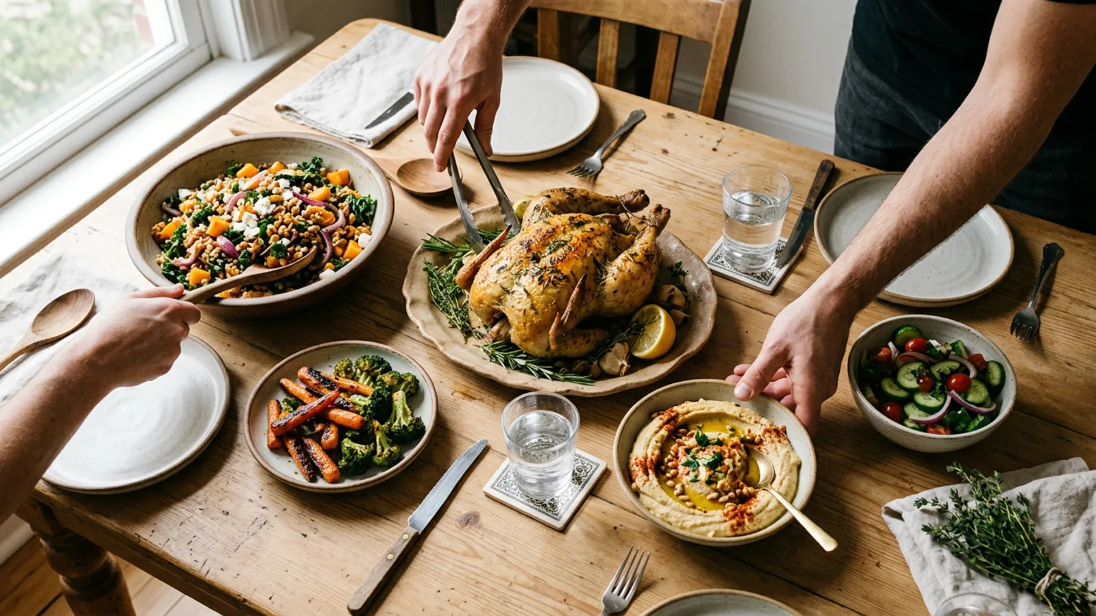 Healthy family dinner table spread with roasted chicken, grain salad, roasted vegetables, and hummus in rustic ceramic dishes