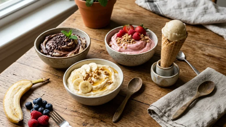 Four homemade low calorie frozen desserts on a warm wood table with fresh fruit