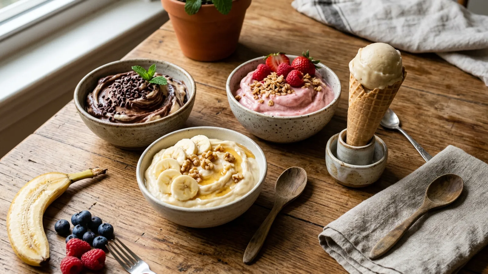 Four homemade low calorie frozen desserts on a warm wood table with fresh fruit