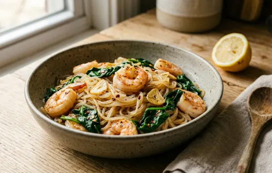 Garlic butter shrimp and shirataki noodles with wilted spinach in a rustic ceramic bowl