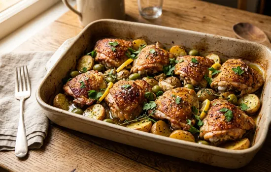 Golden crispy chicken thighs roasted with herbed potatoes, green olives, and preserved lemon