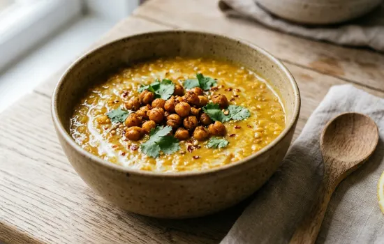Golden turmeric lentil soup topped with crispy chickpeas and fresh coriander in a rustic bowl