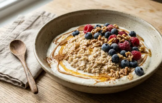 Greek yogurt power bowl topped with fresh berries, oats, almond butter and walnuts on wood table