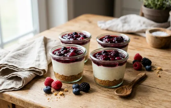 Vanilla Greek yogurt cheesecake cups with dark berry compote on warm wood table
