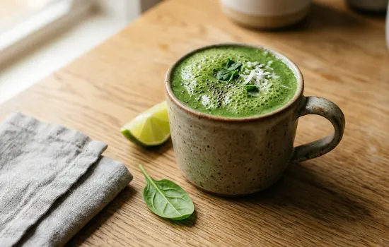 Green mango coconut smoothie with chia seeds and fresh spinach in a rustic mug