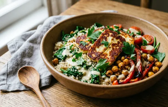 Roasted halloumi grain bowl with chickpeas, red pepper, and tahini lemon drizzle in a rustic ceramic bowl