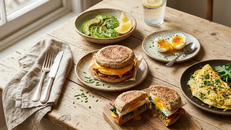 A warm table spread of homemade healthy breakfast sandwiches with eggs, fresh ingredients, and morning sides
