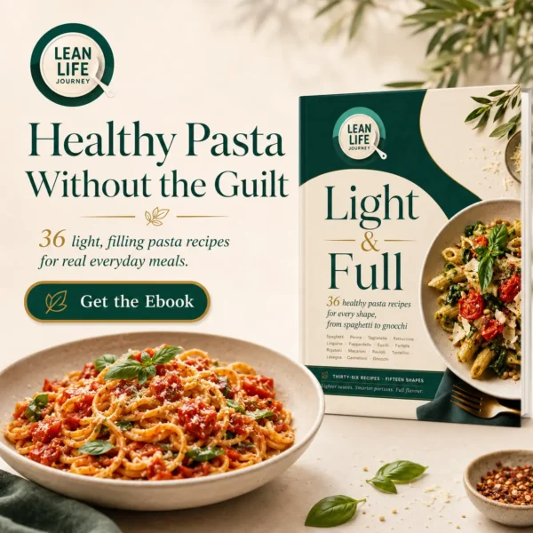 Healthy pasta recipes ebook Light and Full with a bowl of spaghetti in tomato sauce