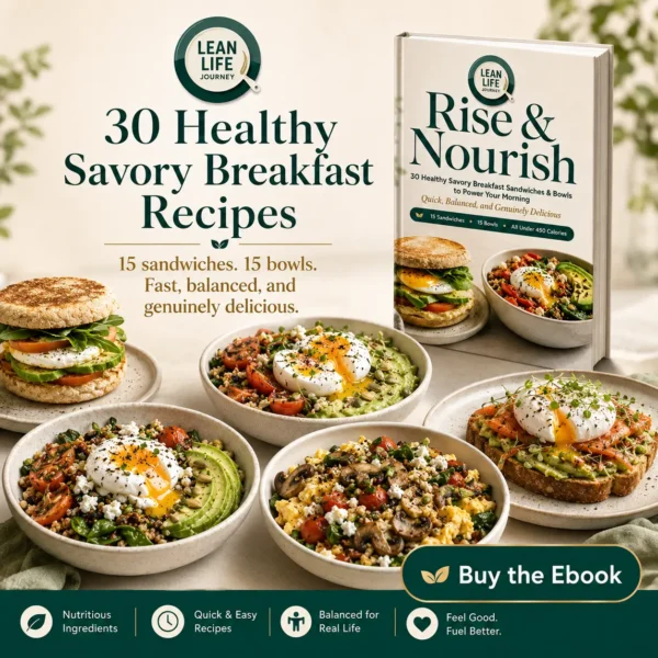 30 Healthy Savory Breakfast Recipes Promo Five LeanLife Journey savory breakfast plates and bowls beside the Rise & Nourish recipe ebook