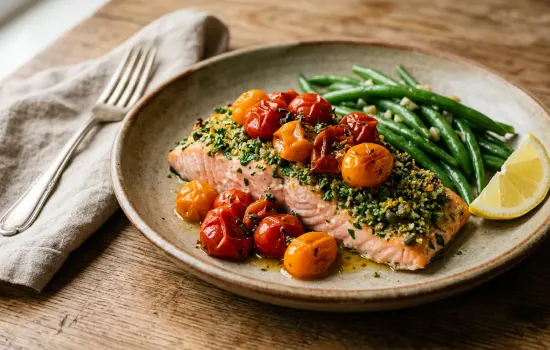 Herb-crusted baked salmon fillet with roasted cherry tomatoes and green beans on a rustic ceramic plate