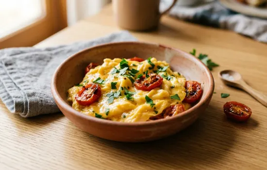 Soft scrambled eggs with blistered cherry tomatoes and fresh parsley in a rustic ceramic bowl