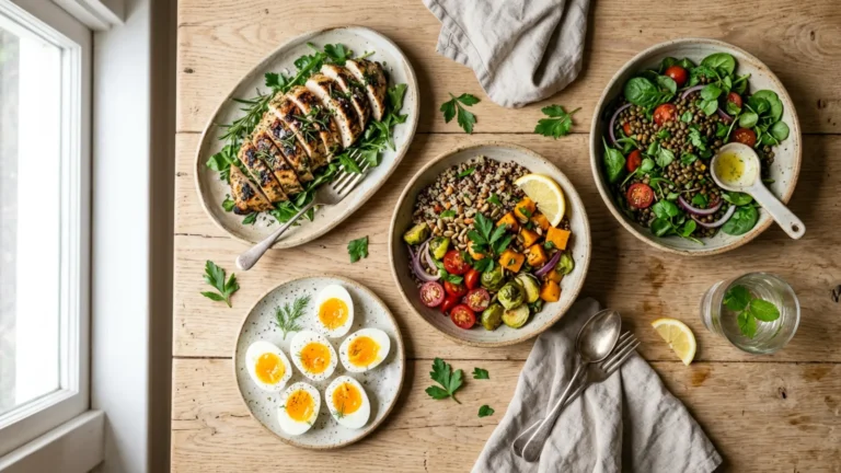 High protein lunch spread with grilled chicken, grain bowl, lentil salad, and eggs on a warm wood table