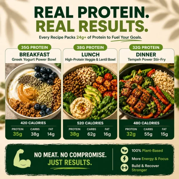 High protein vegetarian meals examples showing 24g to 38g protein per meal with healthy plant-based dishes