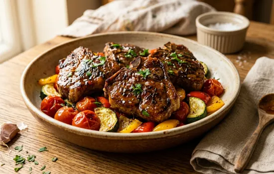 Honey garlic glazed lamb chops served over colorful roasted vegetables in a rustic ceramic dish