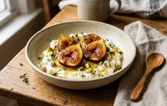 Honey ricotta bowl topped with caramelized figs, crushed pistachios, and fresh thyme leaves