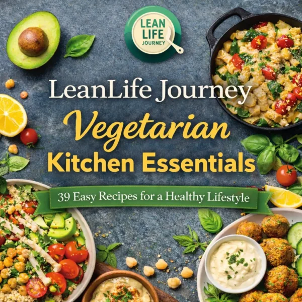 leanlife-journey-vegetarian-recipes-ebook-cover LeanLife Journey Vegetarian Kitchen Essentials ebook cover with healthy vegetarian meals, quinoa salad, and fresh ingredients