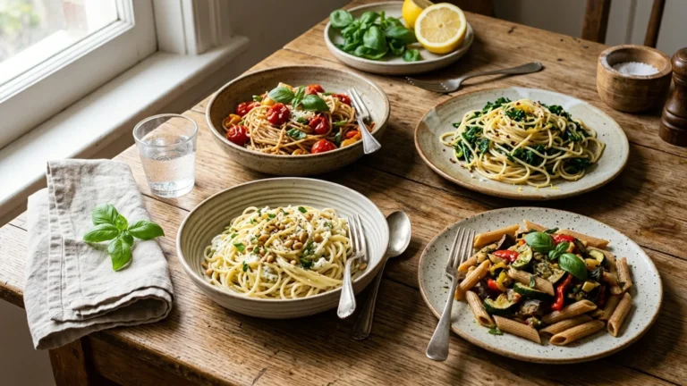 Four light pasta dishes on a warm wood table, styled for a healthy dinner spread