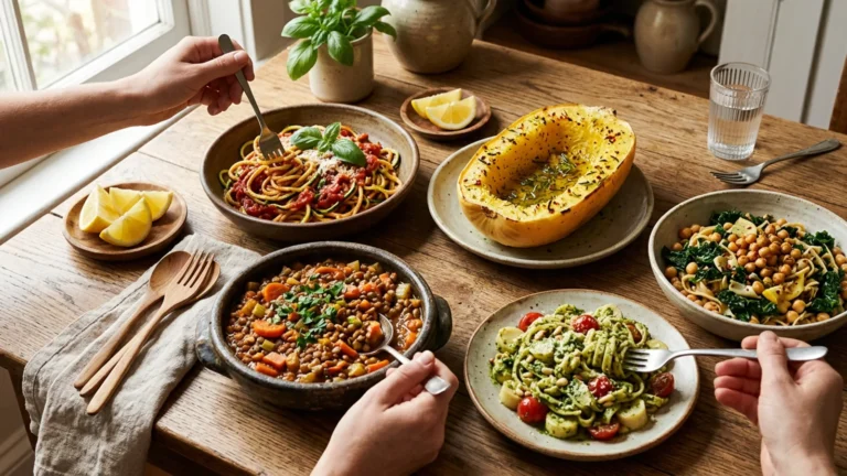 A warm table spread of low calorie pasta replacement dishes including zucchini noodles, spaghetti squash, and lentil bowls