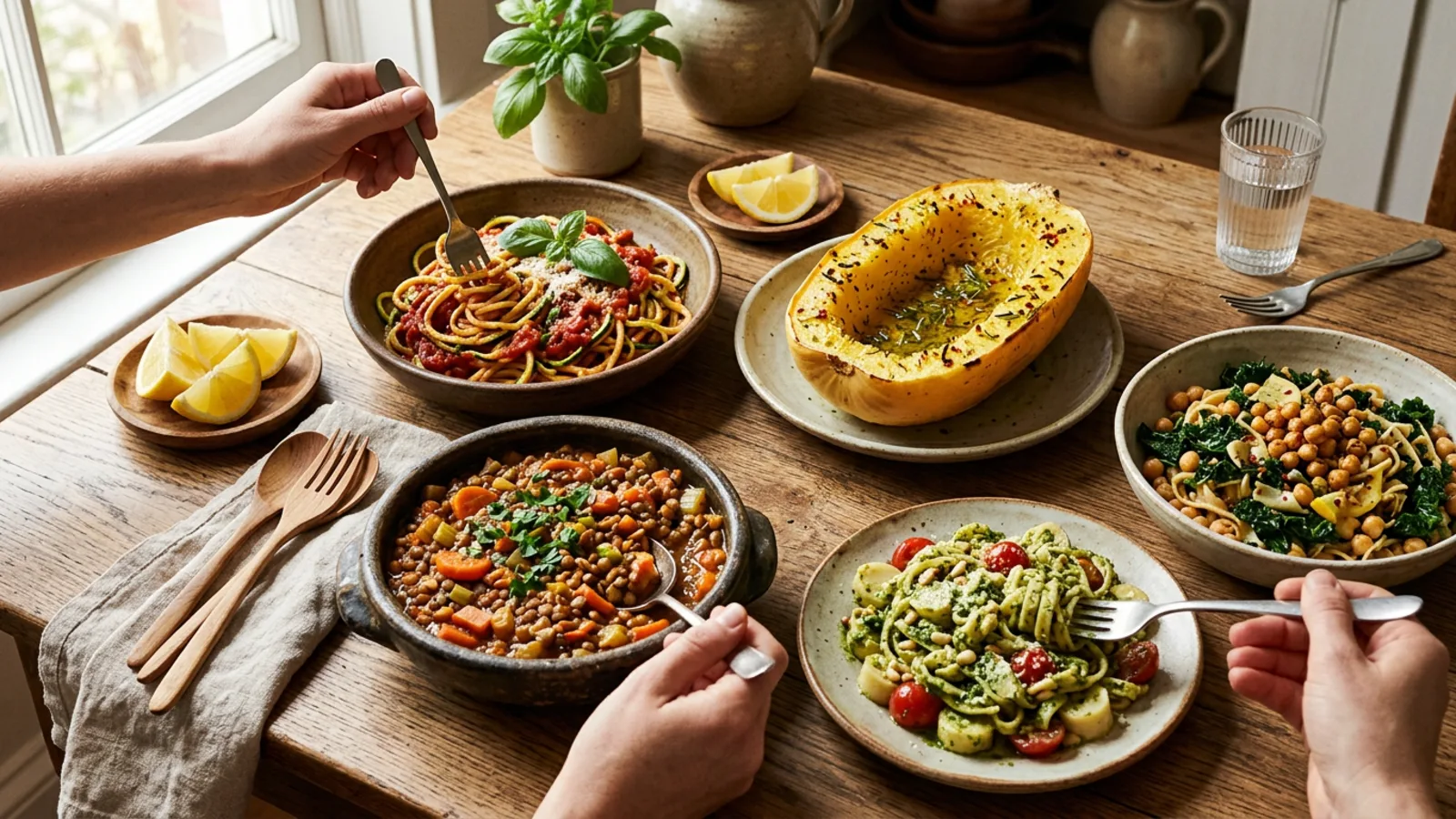 A warm table spread of low calorie pasta replacement dishes including zucchini noodles, spaghetti squash, and lentil bowls