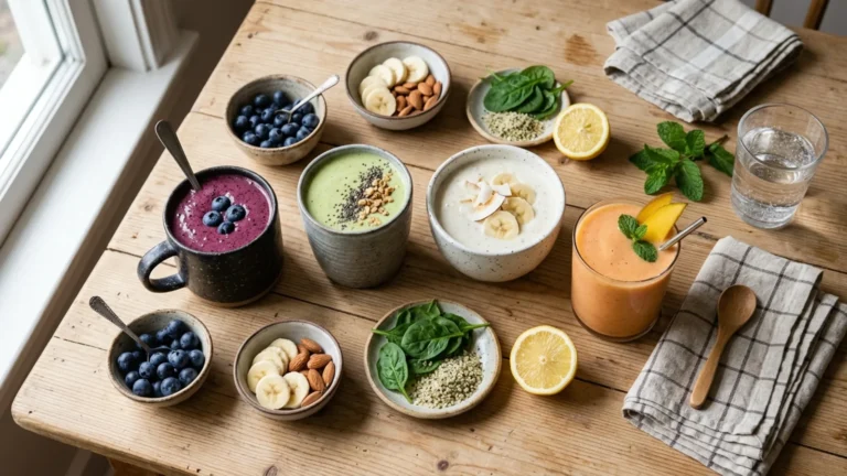Four colourful low calorie smoothies in ceramic cups with fresh fruit and ingredients on a warm wood table
