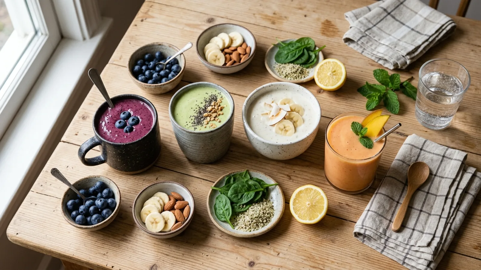 Four colourful low calorie smoothies in ceramic cups with fresh fruit and ingredients on a warm wood table