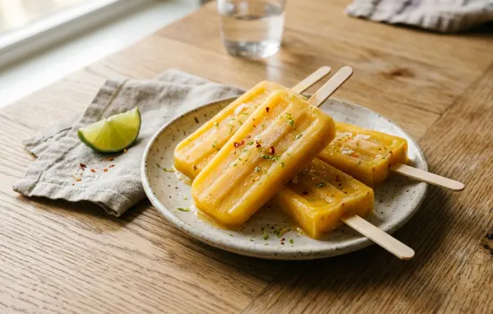 Homemade mango coconut ice pops with lime zest and chili flakes on a warm wood table