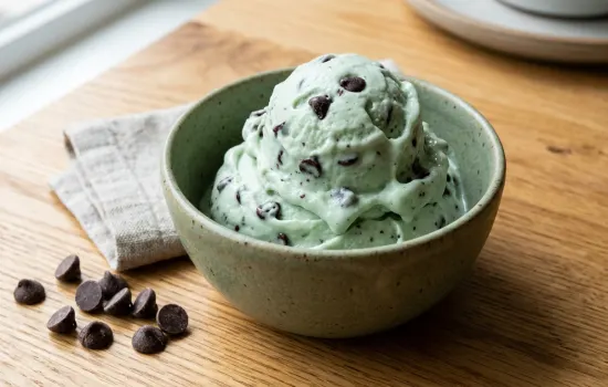 Mint chocolate chip nice cream made with frozen banana and spinach served in a rustic bowl