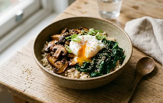 Miso butter mushroom and poached egg brown rice bowl with sesame seeds and spring onions
