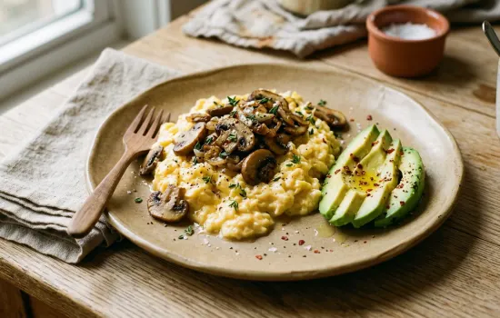 Creamy egg scramble with golden mushrooms and sliced avocado on a rustic ceramic plate