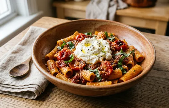 Nduja and roasted cherry tomato rigatoni topped with whipped ricotta and fresh basil in a rustic bowl