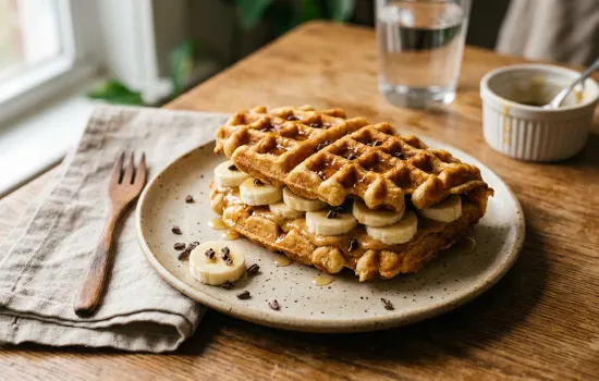 Peanut butter banana protein waffle sandwich with honey and cacao nibs on wood table